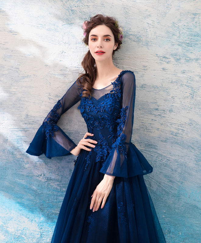 Blue Round Neck Lace Tulle Long Prom Dress, Lace Evening Dress