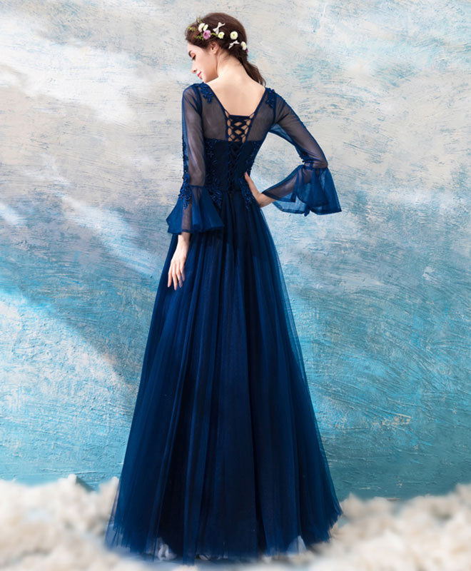 Blue Round Neck Lace Tulle Long Prom Dress, Lace Evening Dress