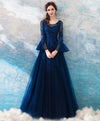 Blue Round Neck Lace Tulle Long Prom Dress, Lace Evening Dress