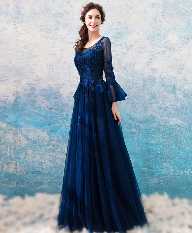 Blue Round Neck Lace Tulle Long Prom Dress, Lace Evening Dress