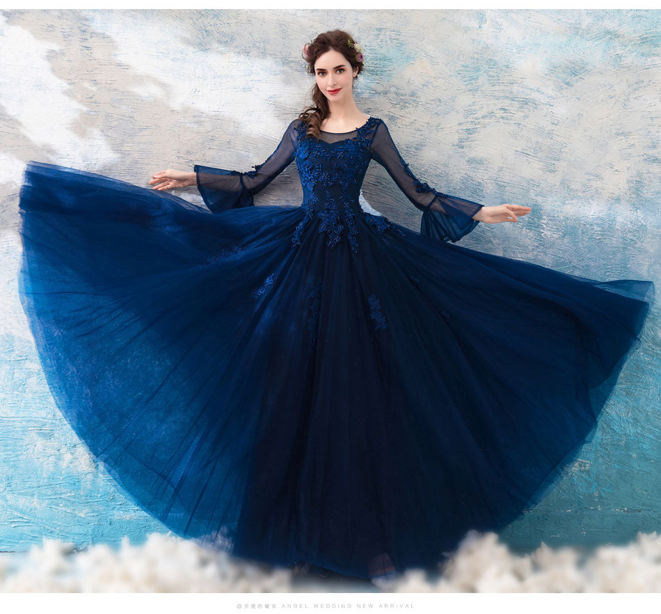 Blue Round Neck Lace Tulle Long Prom Dress, Lace Evening Dress