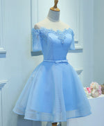 Blue A-Line Tulle Short Sleeve Lace Short Prom Dress, Blue Cute Homecoming Dress