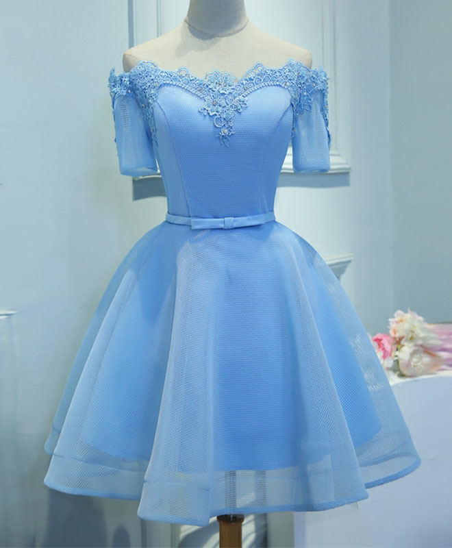Blue A-Line Tulle Short Sleeve Lace Short Prom Dress, Blue Cute Homeco shopluu Blue A-Line Tulle Short Sleeve Lace Short Prom Dress, Blue Cute Homeco shopluu