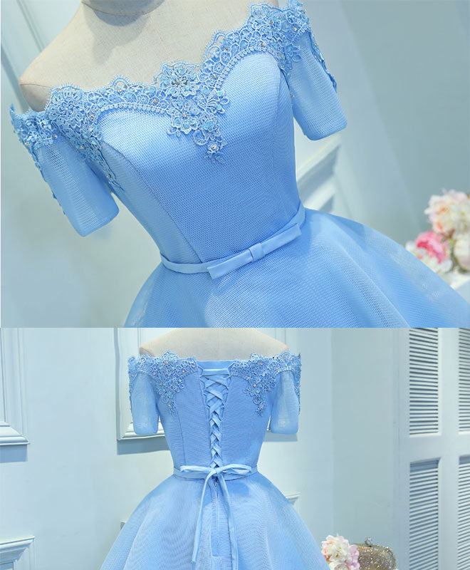 Blue A-Line Tulle Short Sleeve Lace Short Prom Dress, Blue Cute Homecoming Dress