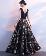 Black V Neck Floral Pattern Long Prom Dress, Evening Dress