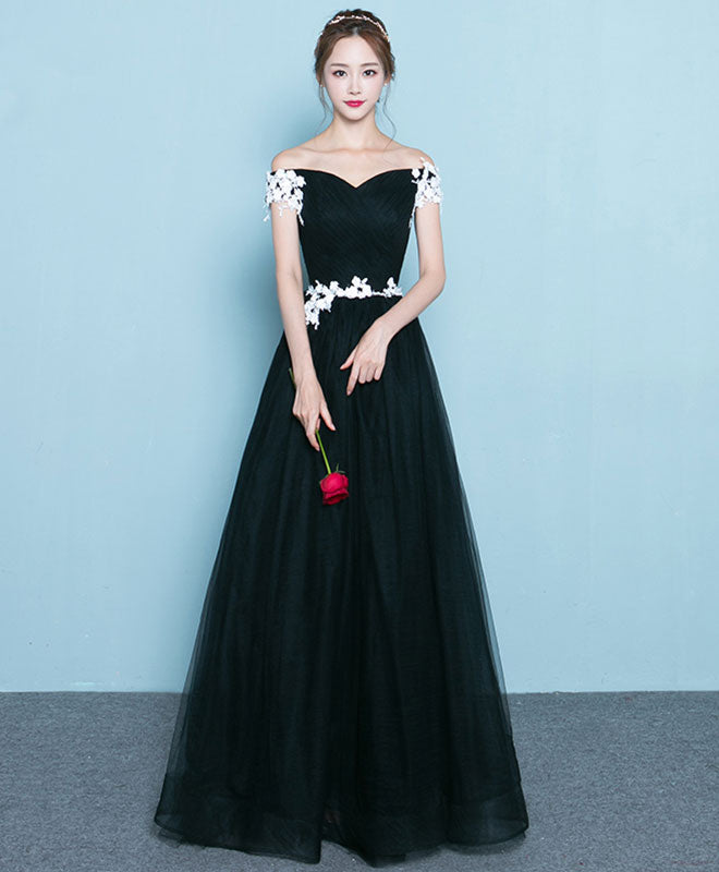 Cute Black Long Prom Dress, Lace Evening Dress