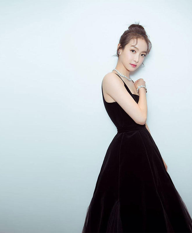 Black Velvet Tulle Tea Length Prom Dress, Black Evening Dress