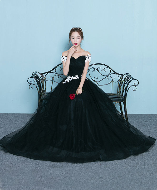 Cute Black Long Prom Dress, Lace Evening Dress