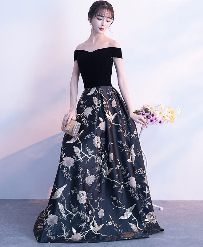 Black Off Shoulder Floral Pattern Long Prom Dress, Evening Dress