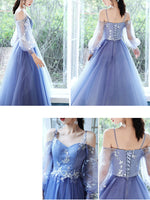 Blue Tulle Long Sleeves Short Prom Dress, Blue Short Homecoming Dresses