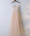 Champagne V Neck Tulle Long Prom Dress, Lace Evening Dress