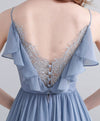 Blue V Neck Chiffon Lace Long Prom Dress, Evening Dress