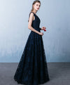 Elegant Dark Blue V Neck Long Prom Dress, Lace Evening Dress