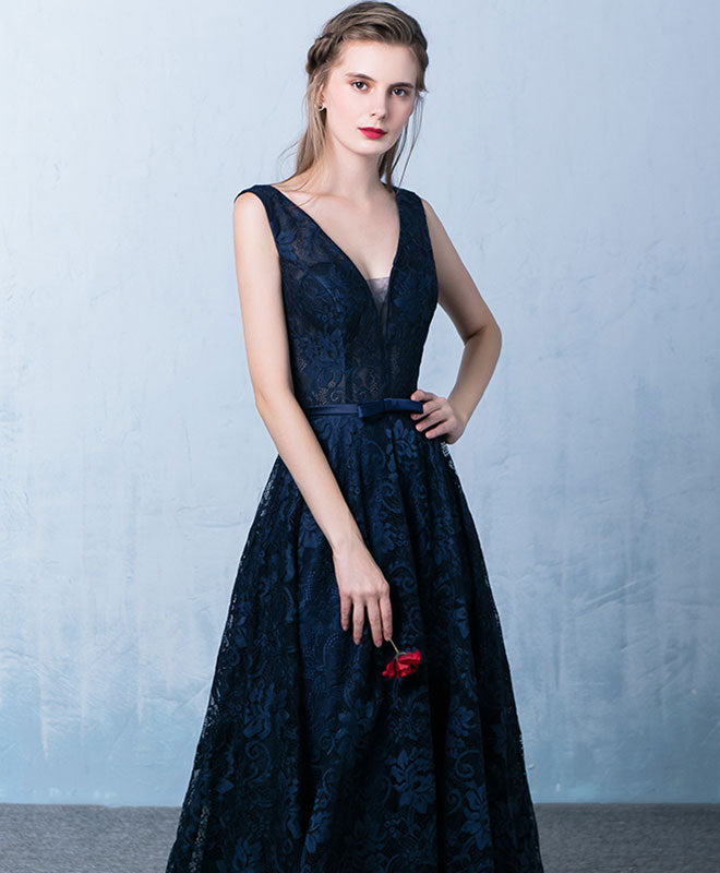 Elegant Dark Blue V Neck Long Prom Dress, Lace Evening Dress