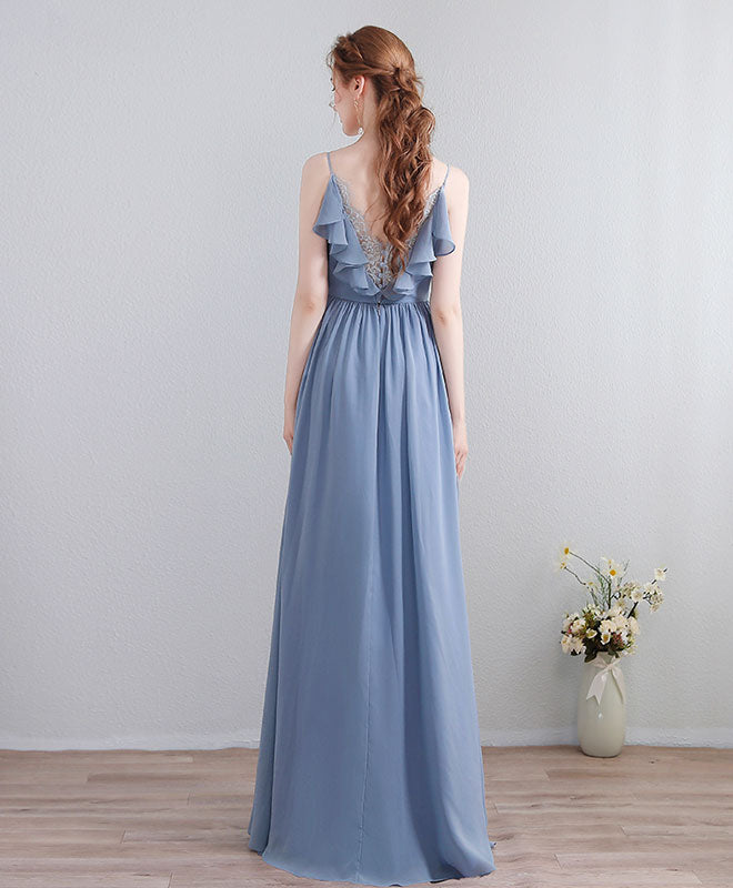 Blue V Neck Chiffon Lace Long Prom Dress, Evening Dress