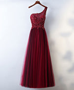 Burgundy One Shoulder Long Prom Dress, Lace Evening Dress