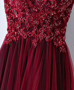 Burgundy One Shoulder Long Prom Dress, Lace Evening Dress