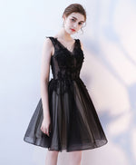 Black V Neck Tulle Lace Short Prom Dress, Homecoming Dress