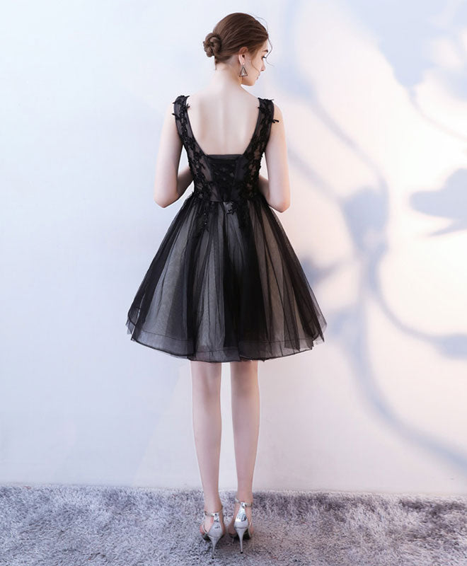 Black V Neck Tulle Lace Short Prom Dress, Homecoming Dress