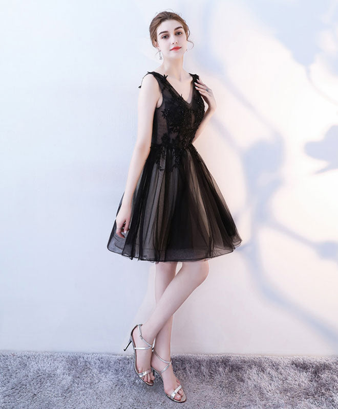 Black V Neck Tulle Lace Short Prom Dress, Homecoming Dress
