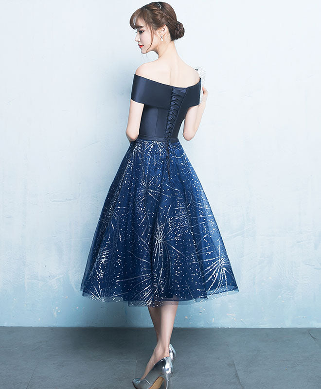 Blue A Line Off Shoulder Short Prom Dress, Homecoming Dress