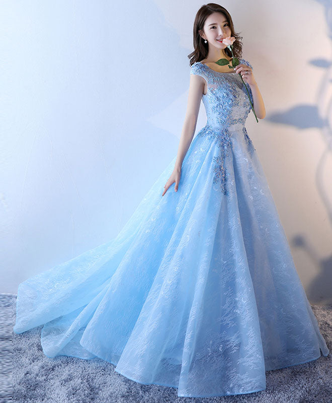 Light Blue Lace Tulle Long Prom Dress, Lace Evening Dress