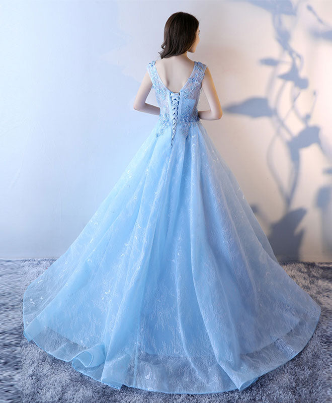Light Blue Lace Tulle Long Prom Dress, Lace Evening Dress