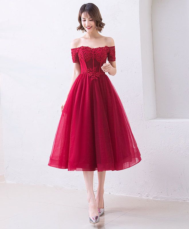 Cute Burgundy Off Shoulder Short Prom Dress, Evening Dress
