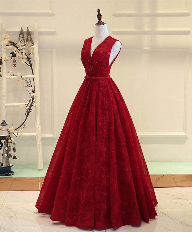 Burgundy V Neck Lace Long Prom Dress, Burgundy Evening Dress US 16 / Burgundy Burgundy V Neck Lace Long Prom Dress, Burgundy Evening Dress US 16 / Burgundy