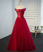 Burgundy Lace Tulle Long Prom Dress, Off Shoulder Evening Dress