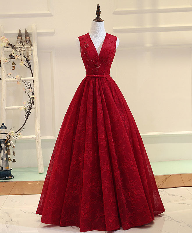 Burgundy V Neck Lace Long Prom Dress, Burgundy Evening Dress