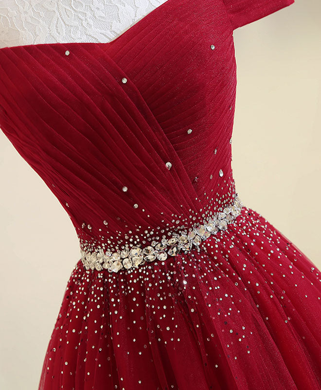 Burgundy Tulle Off Shoulder Long Prom Dress, Burgundy Evening Dress
