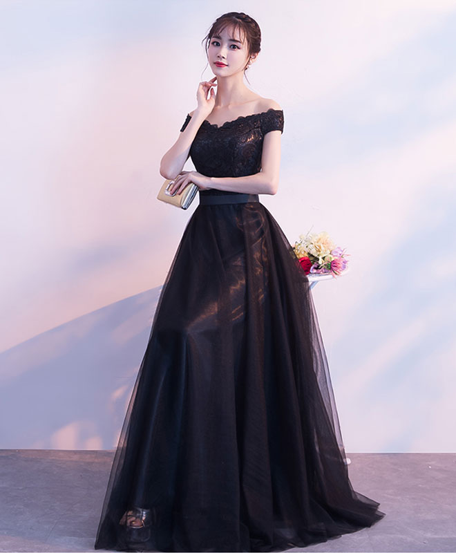 Black Lace Tulle Long Prom Dress, Lace Evening Dress