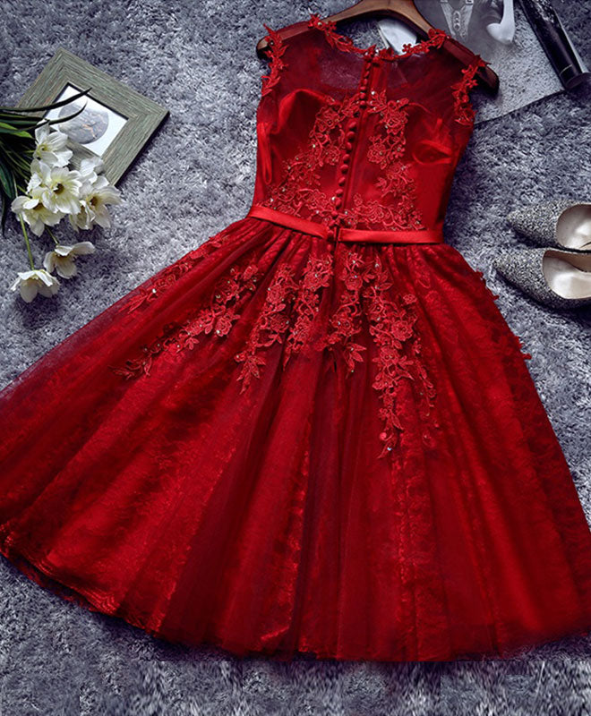 Burgundy Lace Tulle Short Prom Dress, Lace Homecoming Dresses