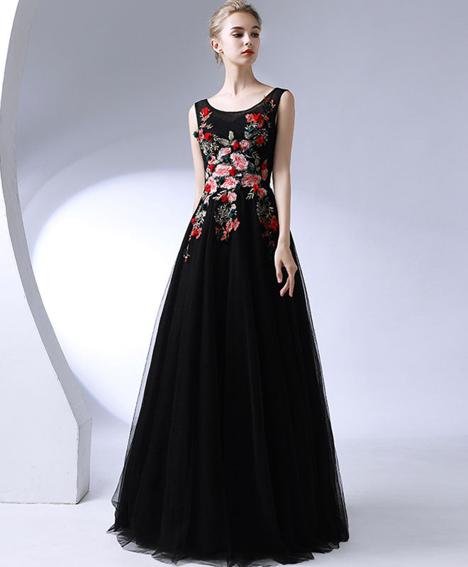 Black Round Neck Long Prom Dress, Black Evening Dress