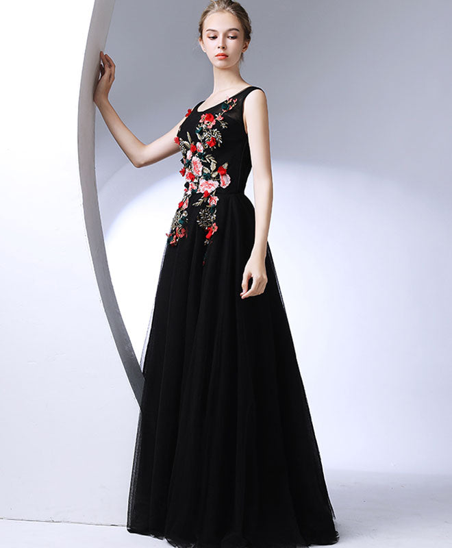 Black Round Neck Long Prom Dress, Black Evening Dress