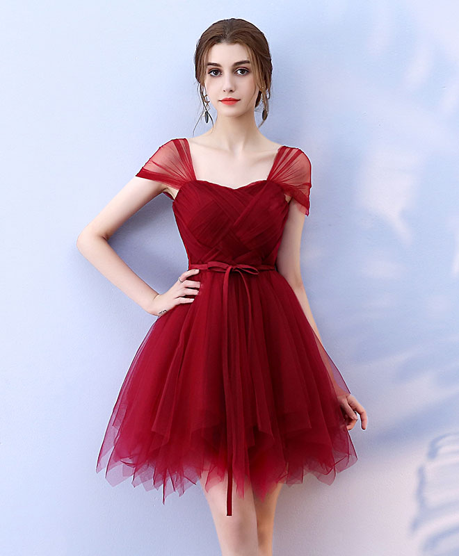 Cute Burgundy Tulle Short Prom Dress,  Burgundy Homecoming Dress