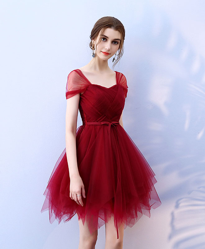 Cute Burgundy Tulle Short Prom Dress,  Burgundy Homecoming Dress