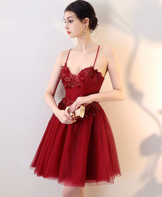 Burgundy Lace Tulle Short Prom Dress, Homecoming Dress