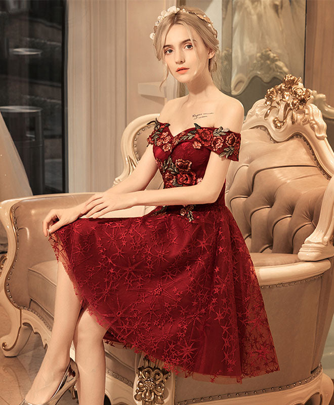 Burgundy Lace Off Shoulder Short Prom Dress, Lace Burgundy Homecoming Dresses US 8 / Burgundy
