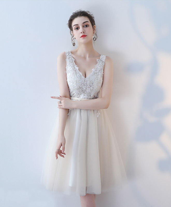 Cute V Neck Lace Tulle Short Prom Dress, Homecoming Dress