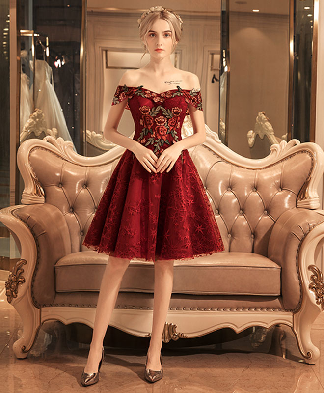 Burgundy Lace Off Shoulder Short Prom Dress, Lace Burgundy Homecoming –  shopluu