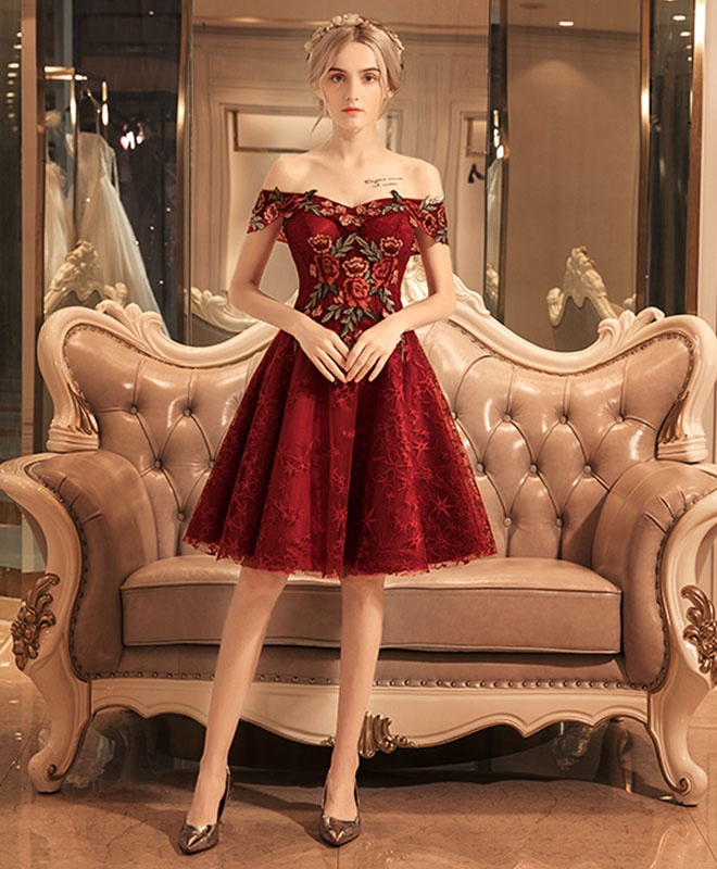 Burgundy Lace Off Shoulder Short Prom Dress, Lace Burgundy Homecoming Dresses