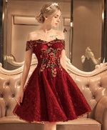Burgundy Lace Off Shoulder Short Prom Dress, Lace Burgundy Homecoming Dresses