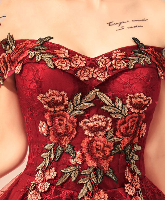 Burgundy Lace Off Shoulder Short Prom Dress, Lace Burgundy Homecoming Dresses