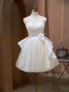 A Line V Neck Champagne Short Prom Dresses, Formal Mini Gown Cute Puffy Homecoming Dresses