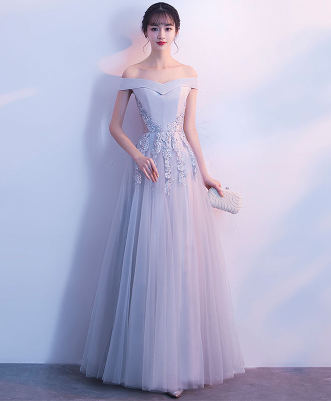 Gray Tulle Lace Off Shoulder Long Prom Dress, Evening Dress