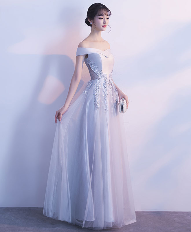 Gray Tulle Lace Off Shoulder Long Prom Dress, Evening Dress