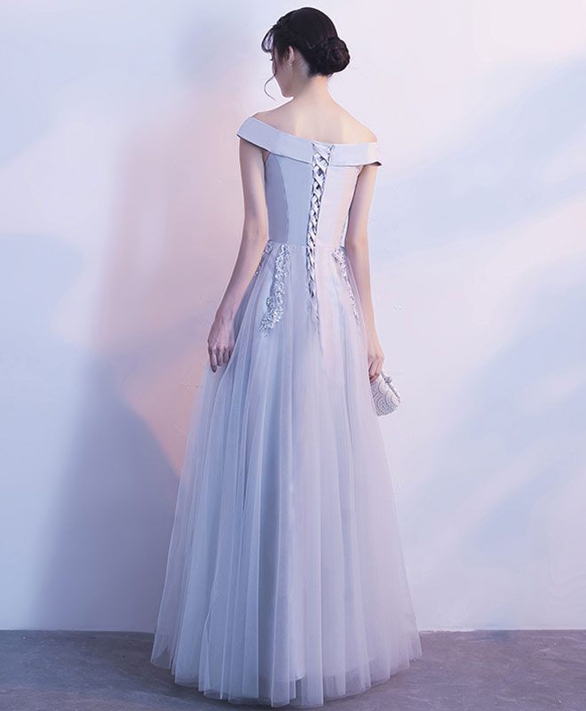 Gray Tulle Lace Off Shoulder Long Prom Dress, Evening Dress