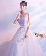 Gray Tulle Lace V Neck Long Prom Dress, Evening Dress